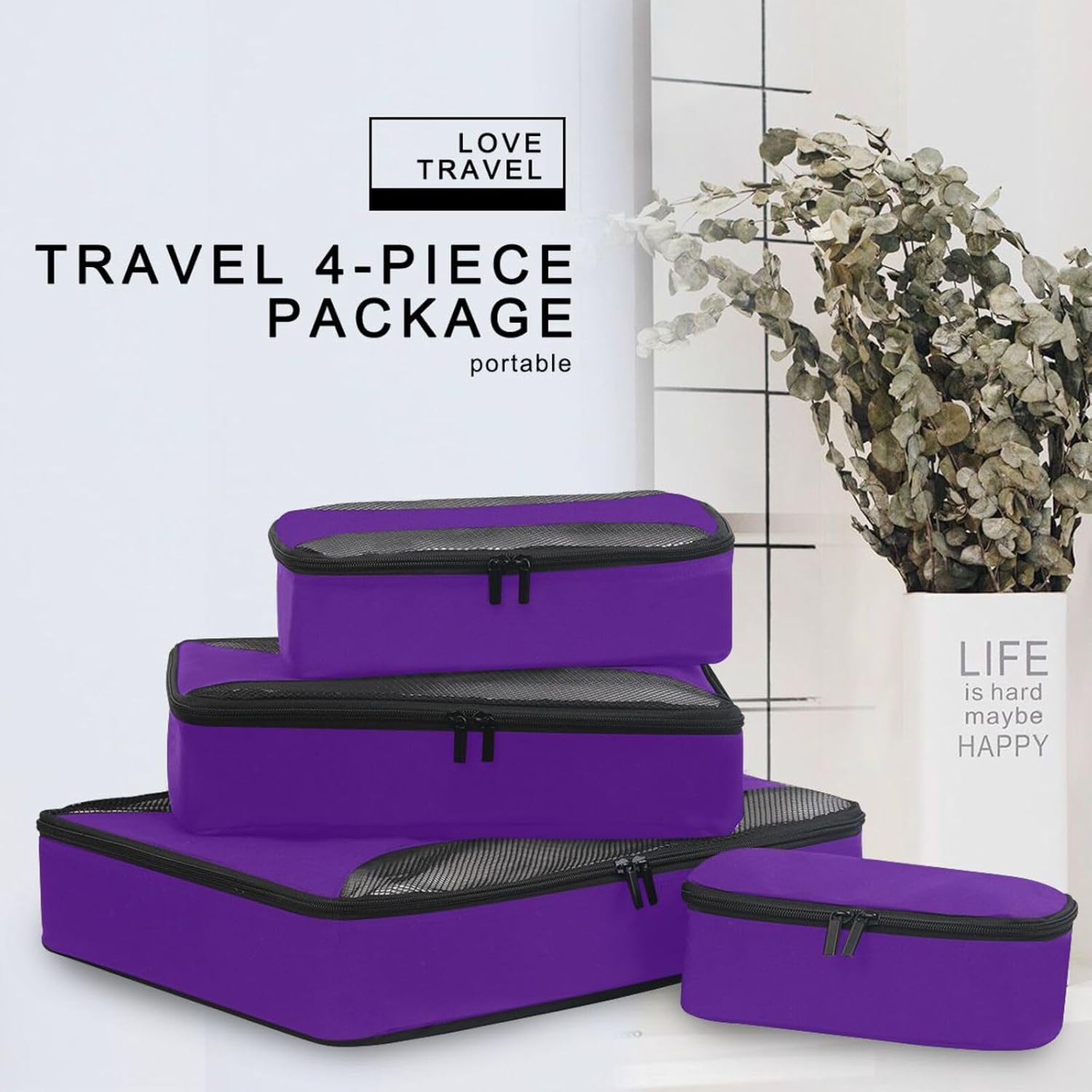 Indigo Solid Color Pure Plain Purple 4 Pcs set organizer for travel Mesh Travel Essentials expandable cubes for packing