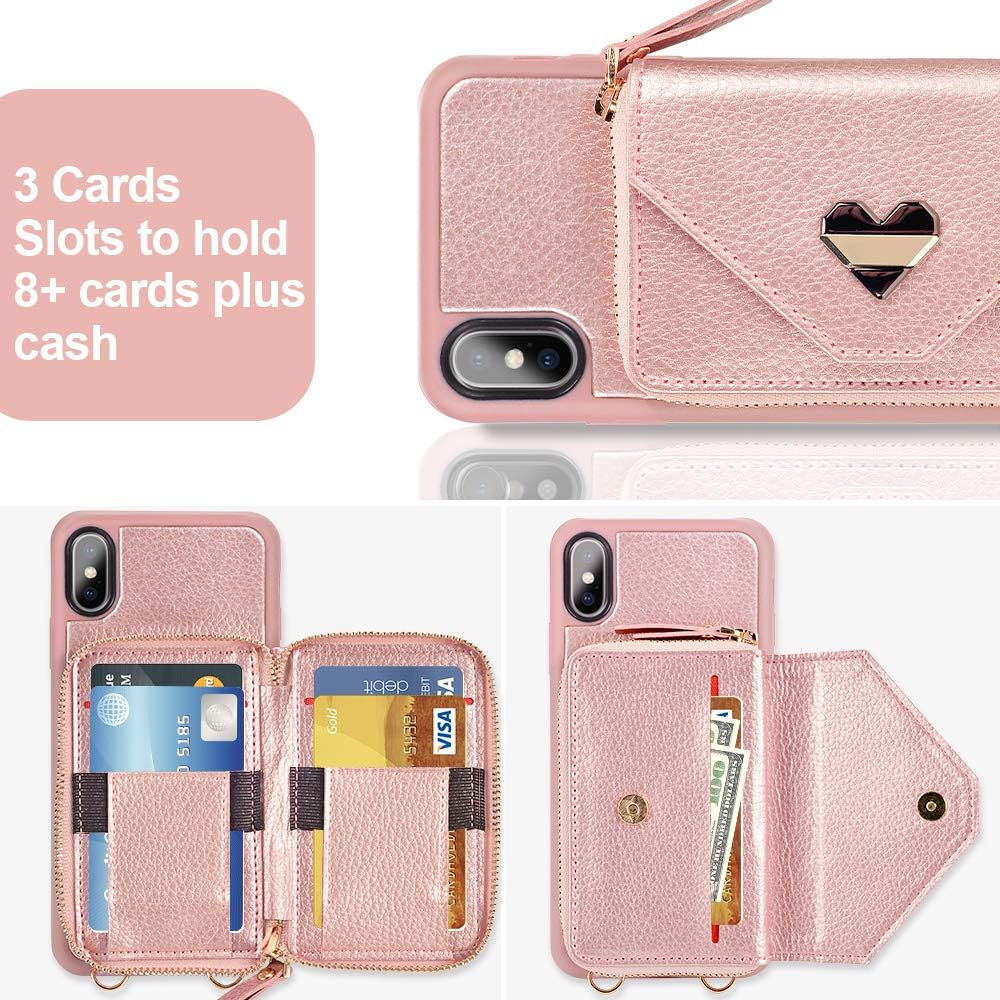 iPhone Xs Max Wallet Case, iPhone Xs Max Crossbody Case with Zipper Card Slot Holder Wrist Strap Shoulder Chain Protective Cover for iPhone Xs Max 6.5 inch - Rose Gold