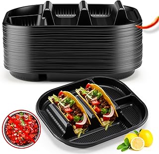 Baderke 20 Pack Disposable Plastic Taco Plates, PP Taco Holder Plates with 2 Dividers for Soft & Hard Shells for Tuesday, Parties, Picnics, Sturdy Trays for Soft and Hard Shell Tacos (Black)