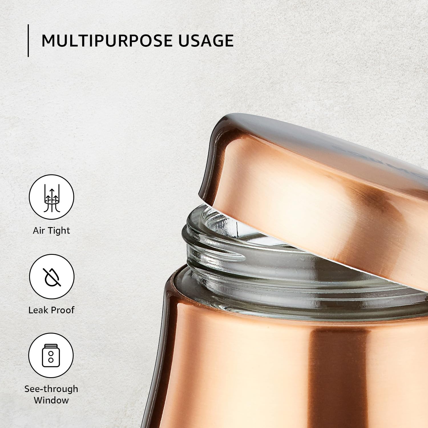 Amazon Brand - Solimo Rose Gold Tapered Glass Jar | Multipurpose Kitchen Organizer with See-Through Window | 1150 ml Set of 4 offers donot miss