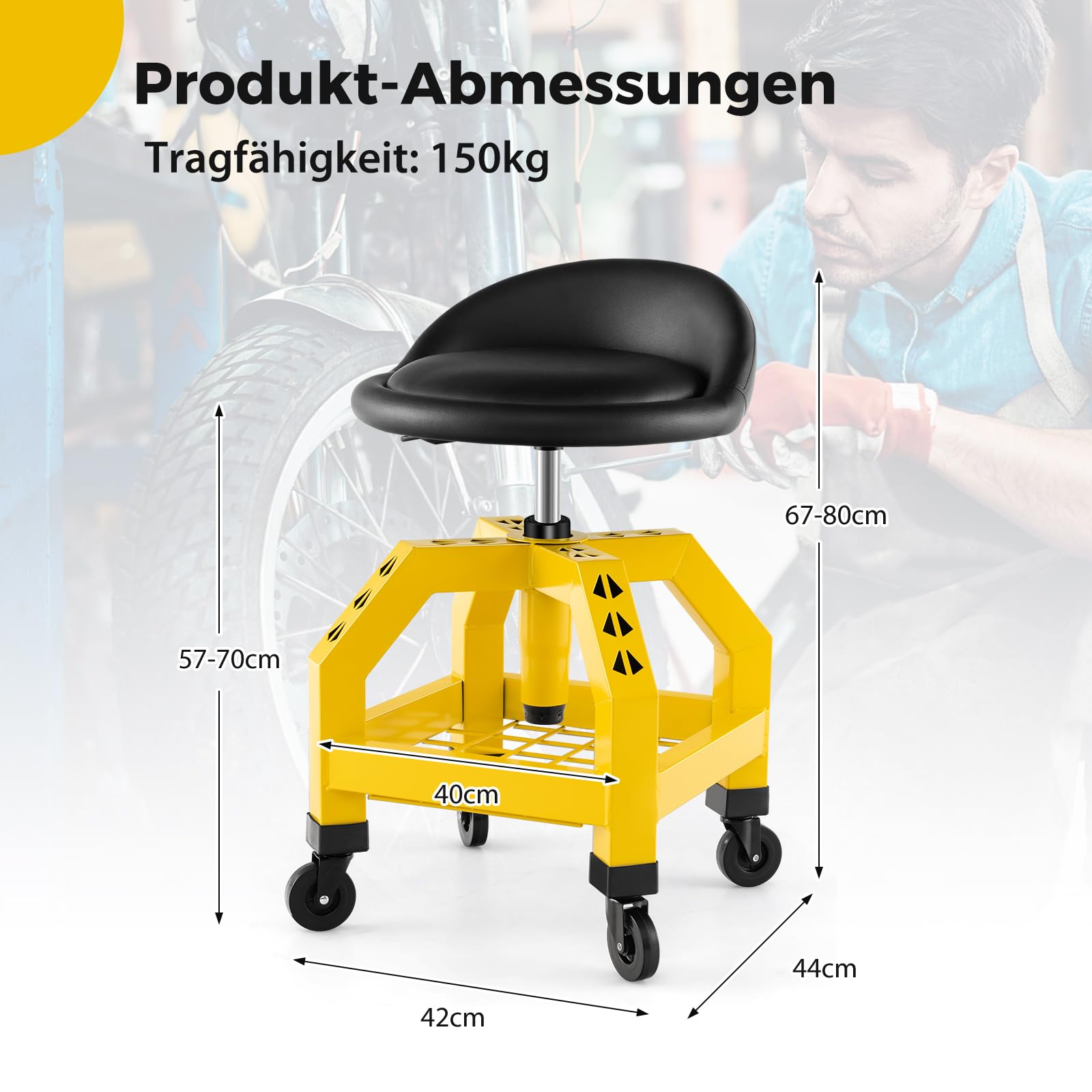 COSTWAY Werkstatthocker Höhenverstellbar, Werkstatt Rollhocker 150 kg Tragkraft mit Werkzeugablage, Werkstattstuhl Rollsitz für Fabrik, Garage, Werkstatt (Gelb)