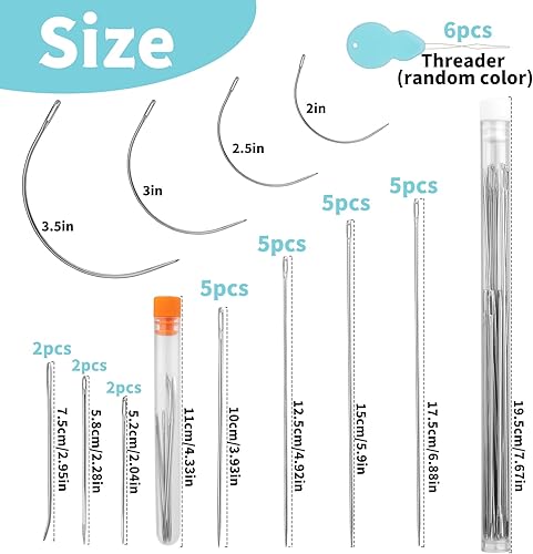 Miniatura 10 de 40 agujas de coser largas, 4 tamaños grandes, agujas de costura de ojos grandes, acolchado y fabricación de muñecas con enhebradores y tubos de