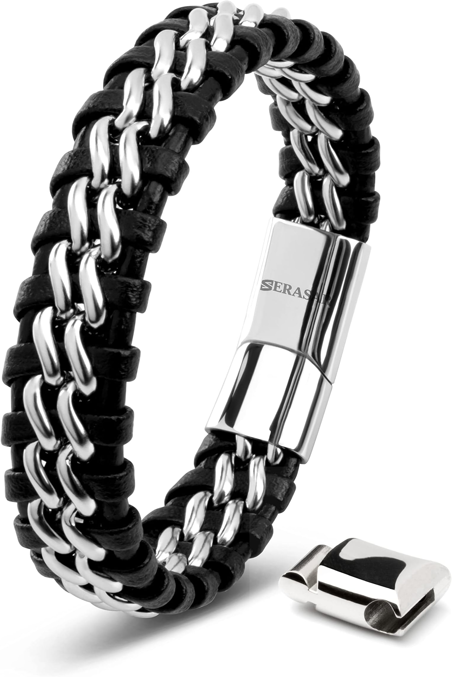 | Premium Genuine Leather Bracelet [Steel] for Men in Black | Magnetic Stainless Steel Clasp in Black, Silver and Gold | Inclusive Jewellery Box | Great Gift Idea