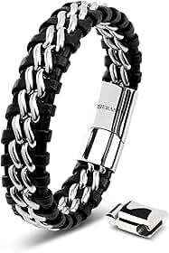 | Pulseira de couro genuíno premium [aço] para homens em preto | Fecho magnético de aço inoxidável em preto, prata e ouro | Caixa de joias exclusiva | Ótima ideia de presente