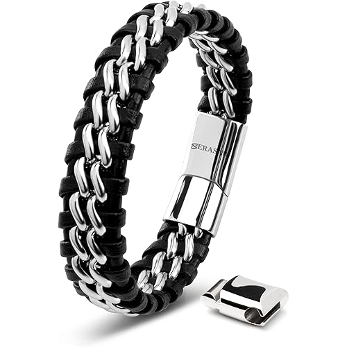 SERASAR | Premium Genuine Leather Bracelet [Steel] for Men in Black | Magnetic Stainless Steel Clasp in Black, Silver and Gold | Exclusive Jewellery Box | Great Gift Idea