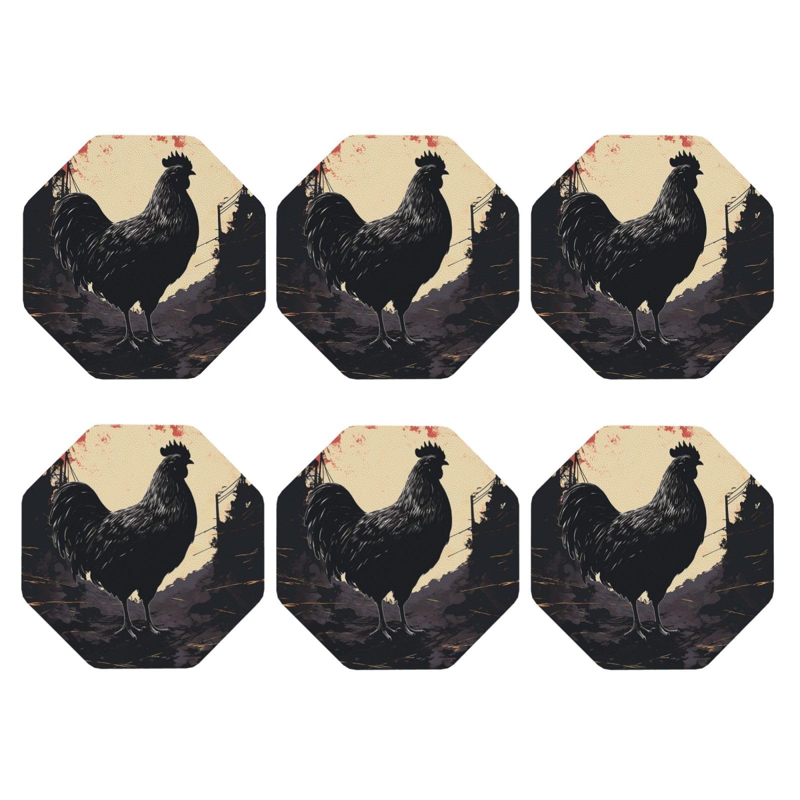 6pcs Leather Coasters for Drinks, Farmhouse Chicken Drink Coasters for Tabletop Protection, 4" Cup Coasters for Coffee Table Decor, Non-Slip Drinking Cup Mat for Hot Or Cold Drink