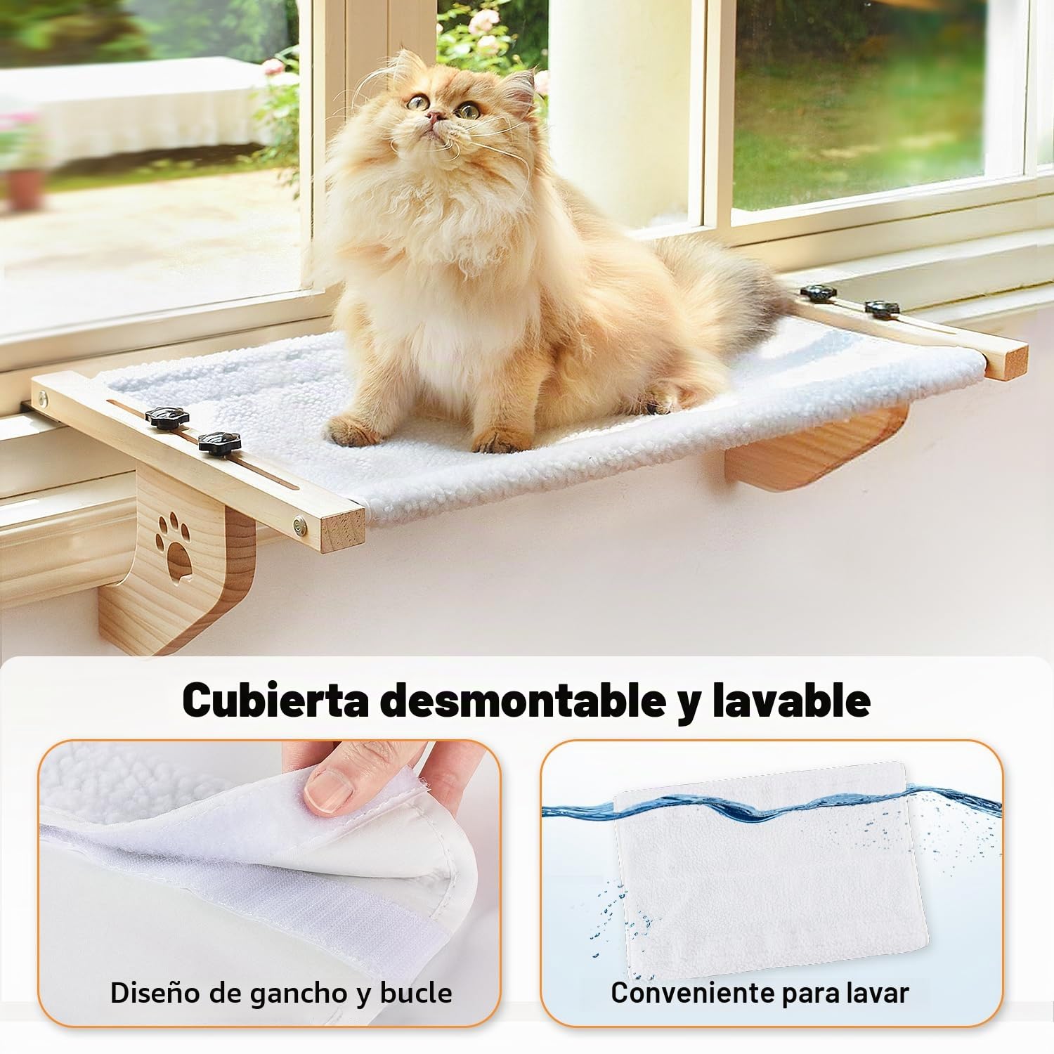 AMOSIJOY Hamaca Resistente para Gatos con Marco de Madera y Metal para Gatos Grandes, Cama fácil de Ajustar para alféizar de Ventana, mesita de Noche, cajón y Armario (21.7 Pulgadas, Felpa Blanca)