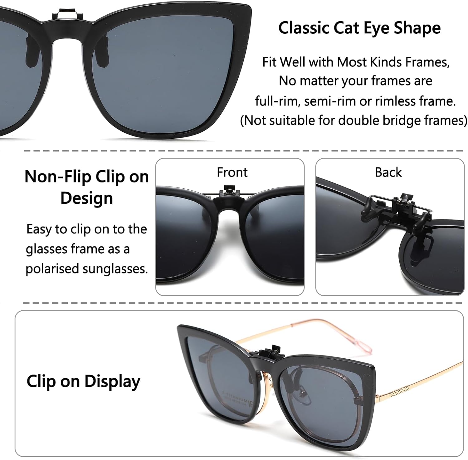 Long Keeper Polarized Clip on Sunglasses Over Prescription Women Men with UV Protection Clip on Cat Eyeglasses - Image 4