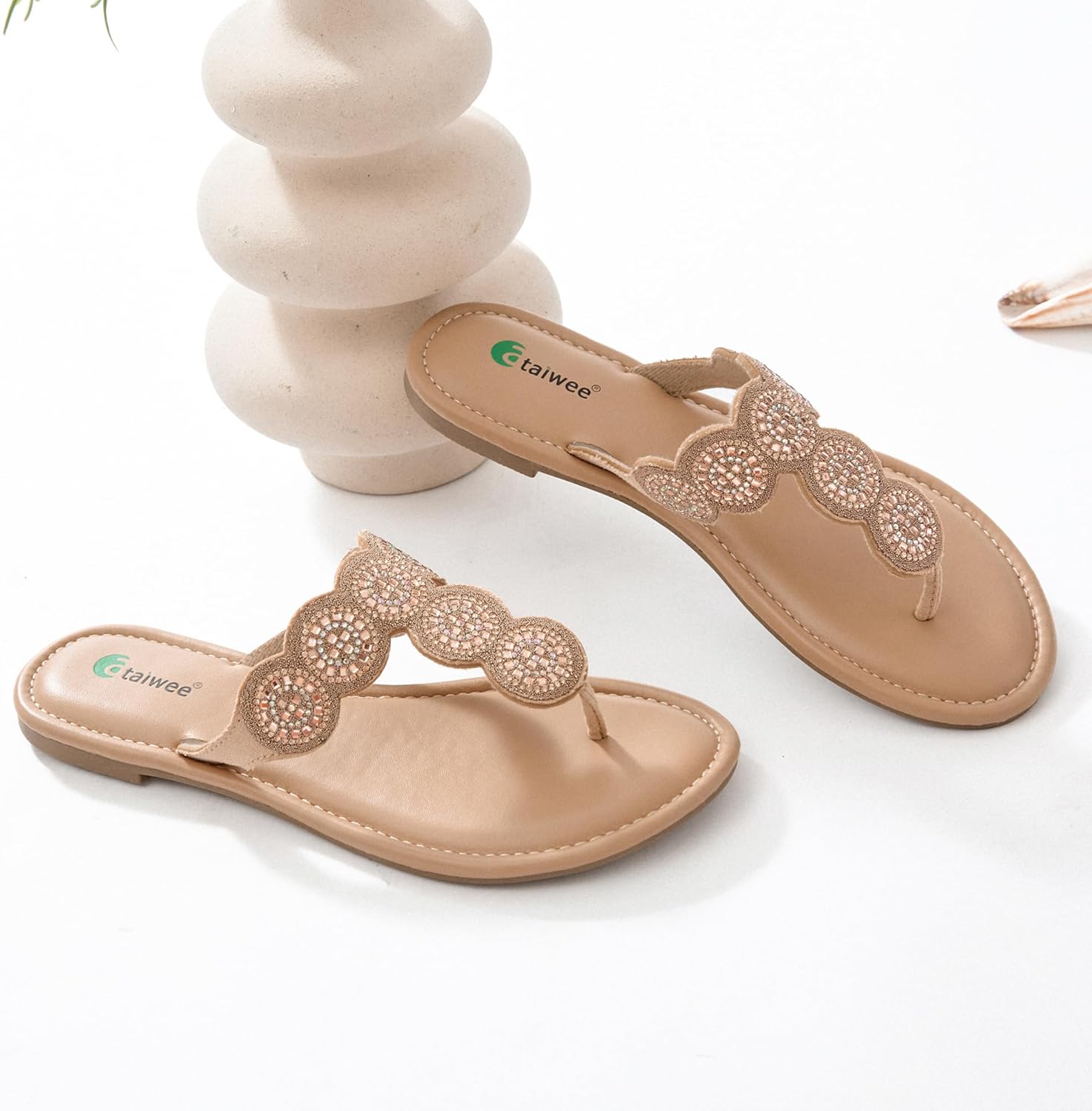 Ataiwee Women's Bohemian Bling Flat Slide Sandals - Casual Summer Thong Sandals with Rhinestone Decor, Rubber Sole, Lightweight & Comfortable for Casual Attire Strappy Sandals. - Image 3