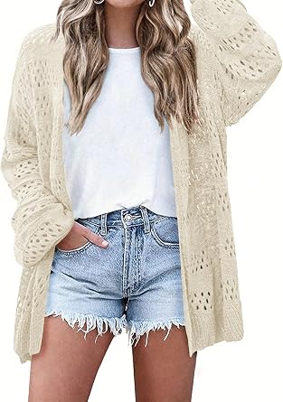 Womens Crochet Cardigan Sweater Summer Boho Long Sleeve Lightweight Soft Oversized Open Front Knitted Tops