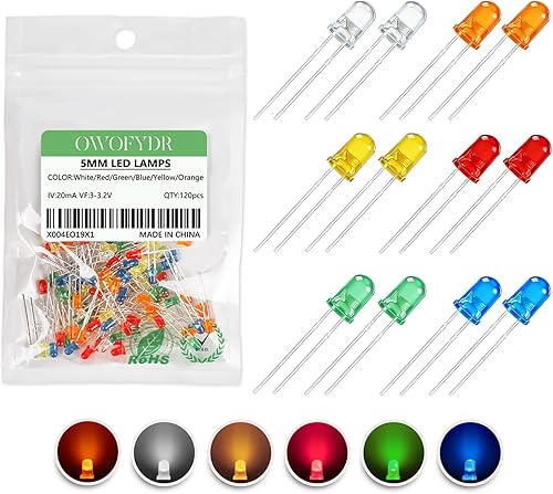 Paquete surtido de 120 luces de diodo LED de 0.197 in, lente redonda difusa, corriente continua, 3 V, 20 mA, lámpara de bombilla de iluminación,