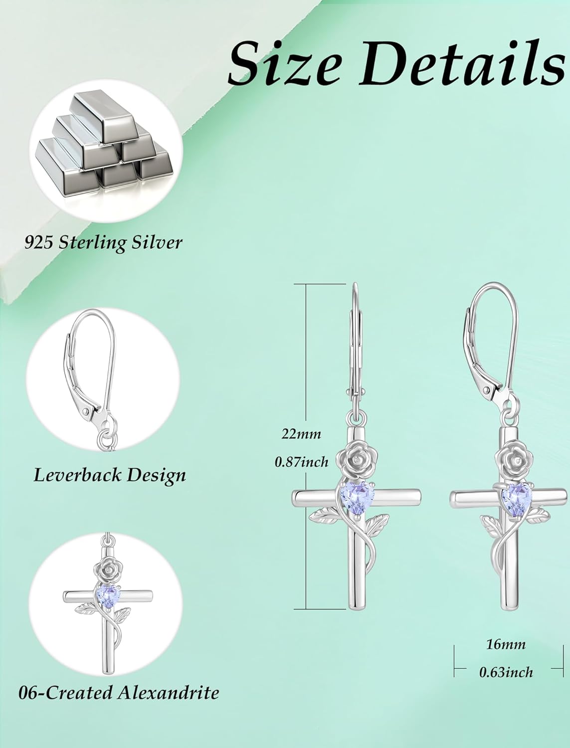 Sterling Silver Cross Earrings Rose Flower Dangle Earring Faith Religious Birthstone Jewelry for Women - Image 6