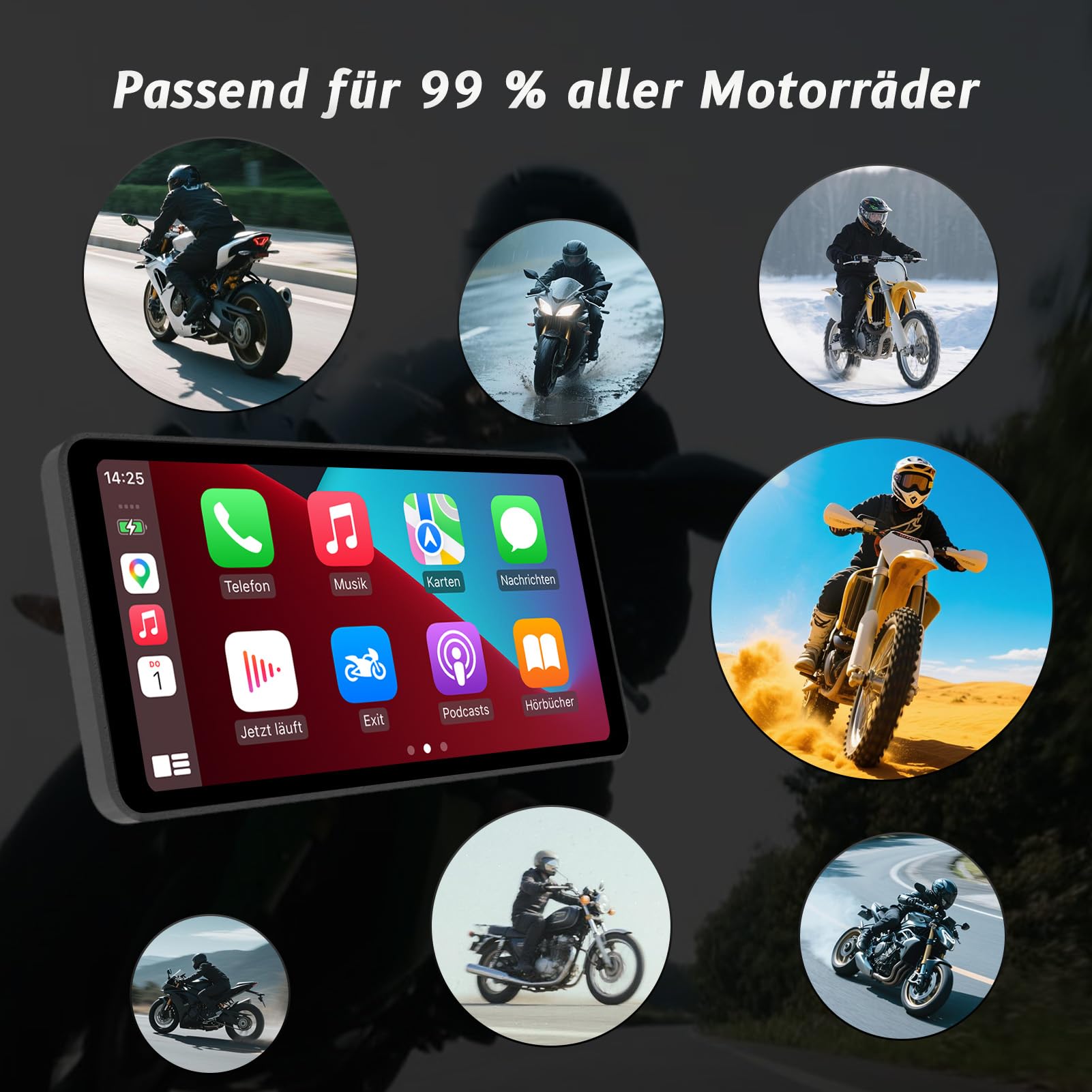 Pantalla inteligente para motocicleta de 6 pulgadas – CarPlay inalámbrico y Android Auto | Control de voz Bluetooth | IP67 impermeable | TPMS | Pantalla táctil HD | Se adapta a la mayoría de