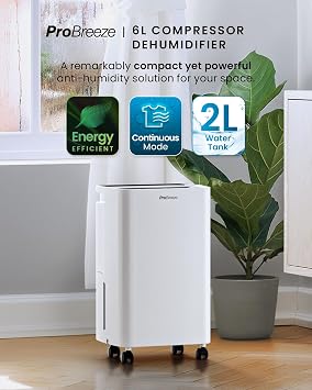 Pro Breeze 6L Compressor Dehumidifier with 2L Water Tank, Laundry Drying & Automatic Humidity Sensor - Portable Mould Remover with 24-Hour Timer for Damp, Black Mould and Condensation