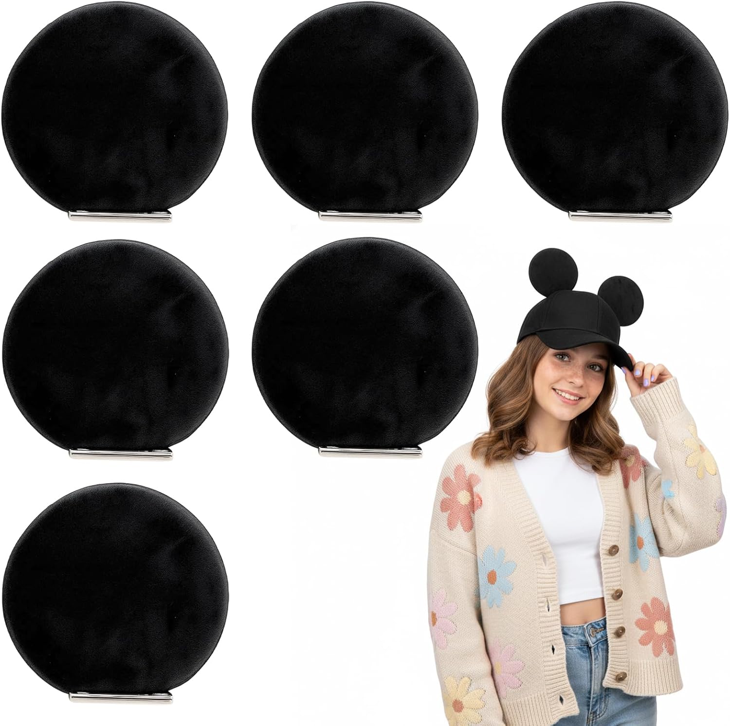 3 Pairs of Magnetic Mouse Ears for Baseball Caps, Hoodies, Trucker Hats, Reusable Mouse Ears Hat Accessories, Applicable to Tourism, Going Out to Play and Other Scenarios