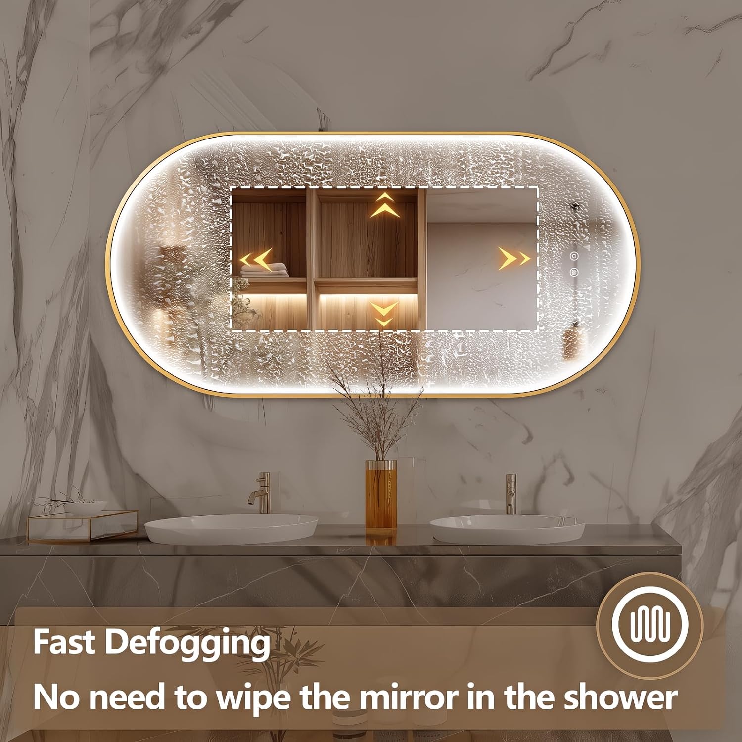 48"x24" Oval Led Mirror for Bathroom, Gold Metal Framed Lighted Vanity Mirror with Lights, Anti-Fog Light Up Mirror with 3 Colors Dimmable, Frontlit, Shatterproof, Horizontal/Vertical