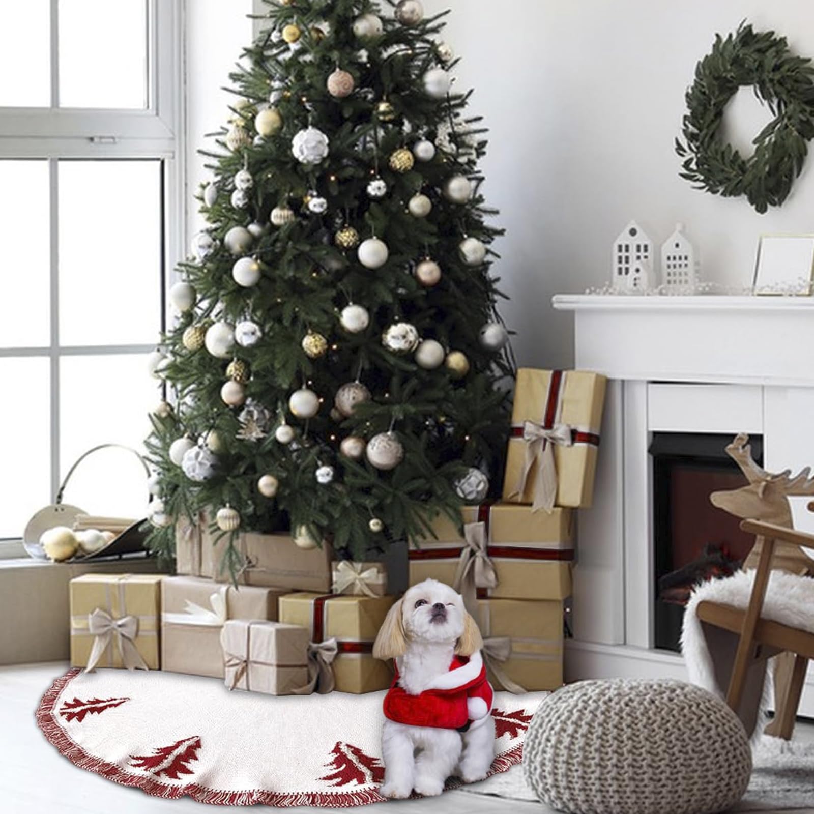 Gonna per Albero di Natale Maglia Bianca 122 cm, Tappeto per Albero Rotonda con Nappa,Motivi 3D per Alberi di Natale, Grande Copri Piedi Albero Natale per Natale Capodanno Festa in Casa