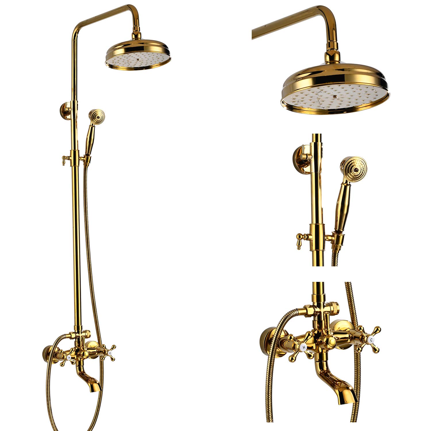 gotonovo Bathroom Shower Faucet Rain Mixer 8 Inch Round Shower Head Double Cross Handle with Tub Spout Wall Mount Bathroom Shower Fixtures 3 Function Metal Handheld Sprayer Polished Gold