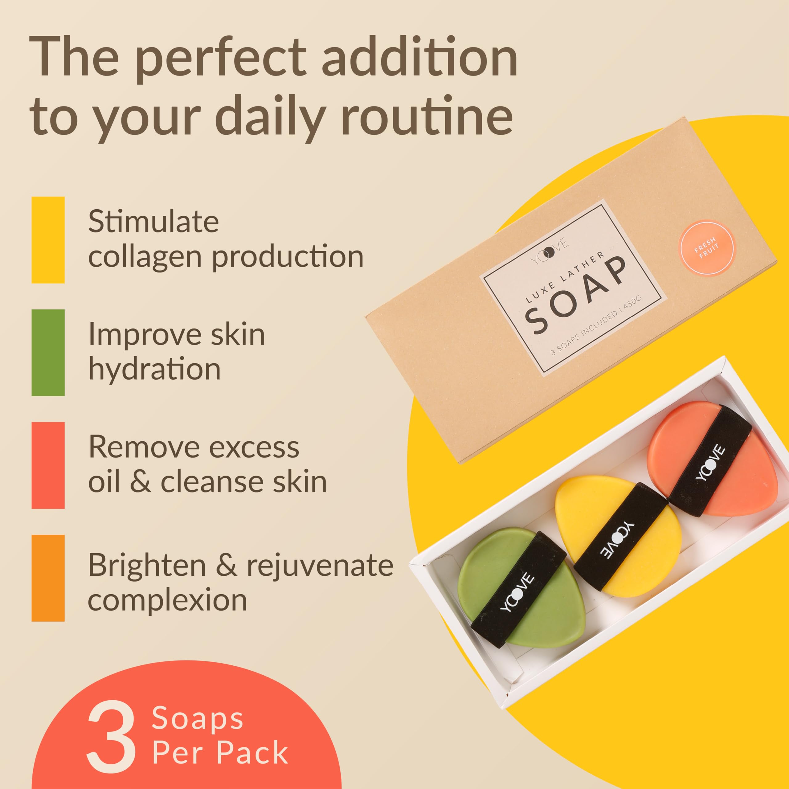Yoove Fresh Fruit Soap with Scrubber, Assorted Natural Bar Soap with Antioxidant and Vitamin-Rich Fruit Extracts, Pomegranate, Passion Fruit, & Citrus Fruit Soap for Nourished & Radiant Skin, 3-Pack