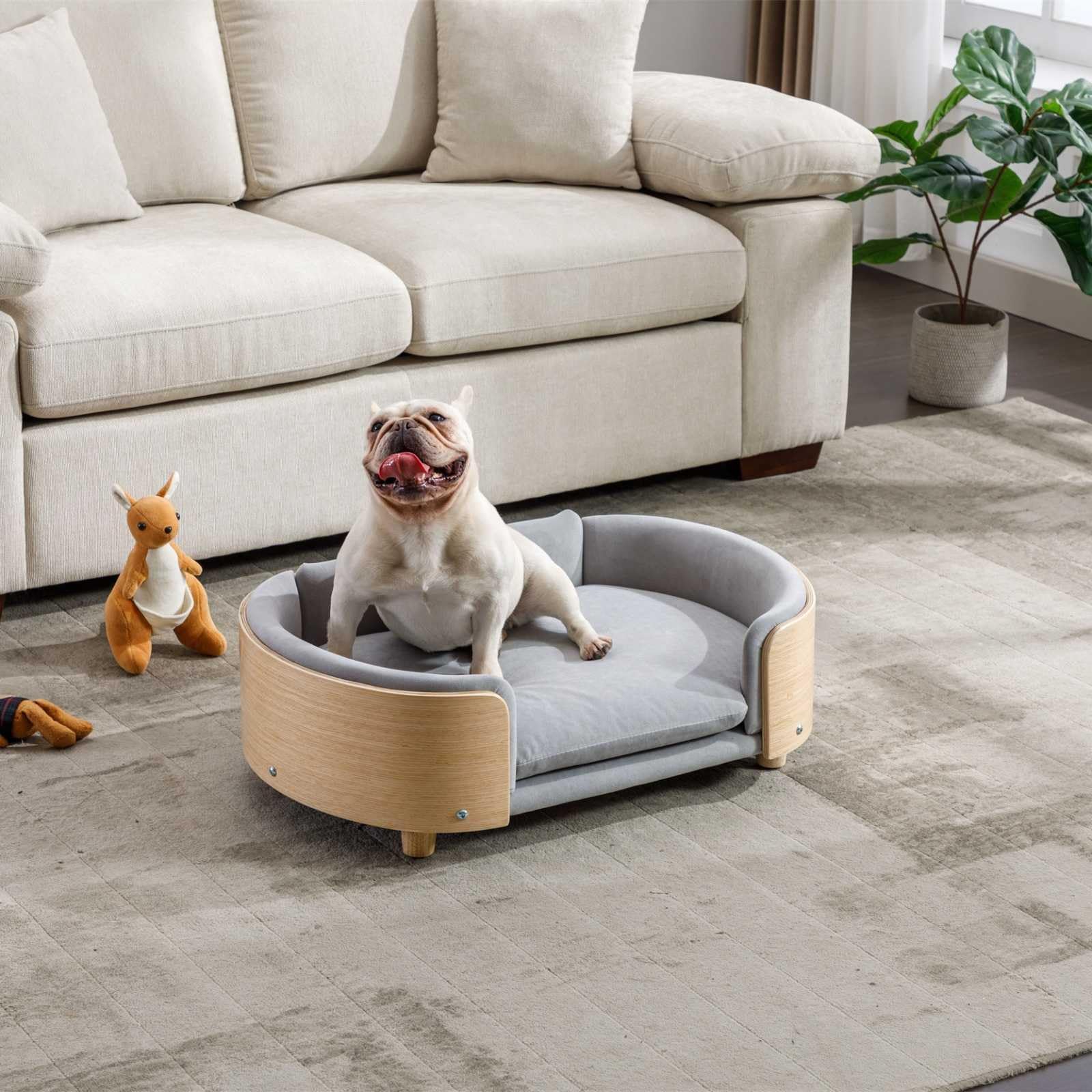 Velvet Dog Bed Pet Sofa with Solid Wood Legs and Bent Wood Back, Stain-Resistant Cushion in Multiple Colors - Luxury Pet Furniture for Cats and Dogs, Light Grey