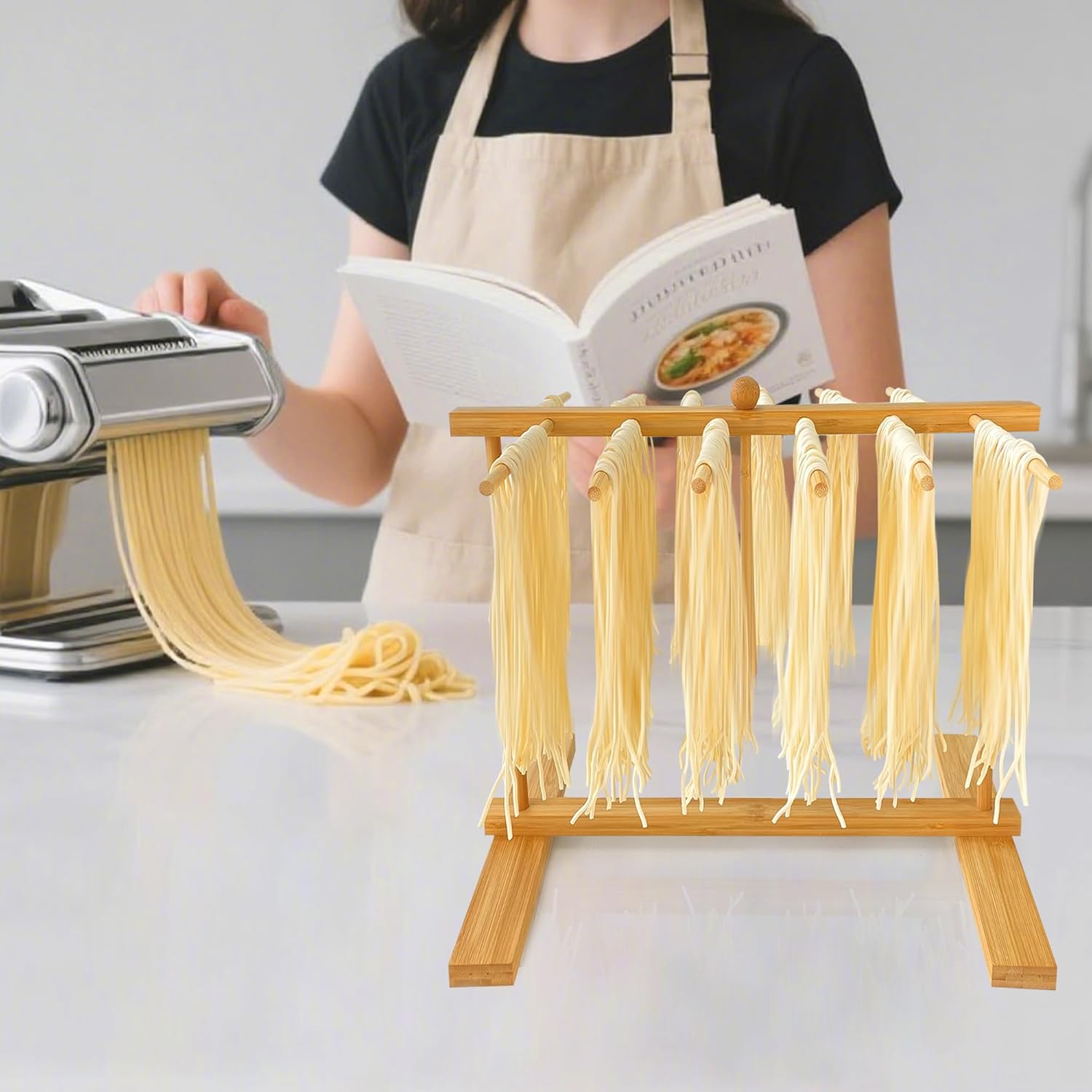 Bamboo-Pasta-Drying-Rack with Transfer Wand & 12 Arms, Large Collapsible Fresh Pasta Dryer Holder for Homemade Noodle, Spaghetti, Tagliatelle, Detachable Fettuccine Hanger Stand with 12 Bars - Image 2