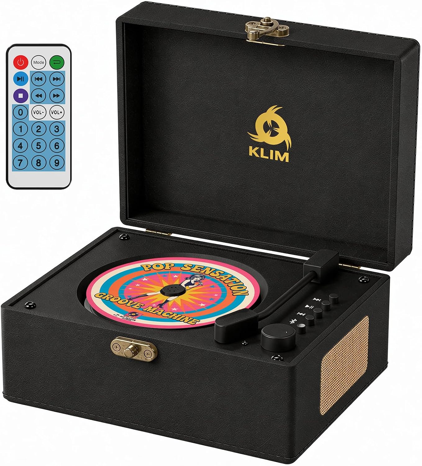 KLIM Retro CD Player – Vintage Style CD Player with Speakers, Bluetooth Receiver, AUX, USB, Rechargeable Battery, Mini Record Player Look, Small Cute CD Music Box for Home Decor - Black