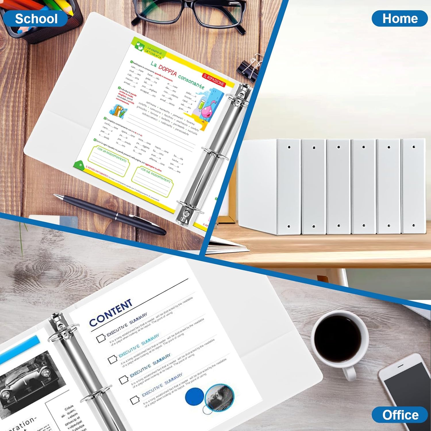 2 Inch 3-Ring Binder, 2" Round Ring Binder with 2 Inside Pockets, 6 Pack White Binders, Clear View Cover, Holds Up to 450 Sheets 8.5" x 11" Paper，Durable Binders for Office/Home/Back to School