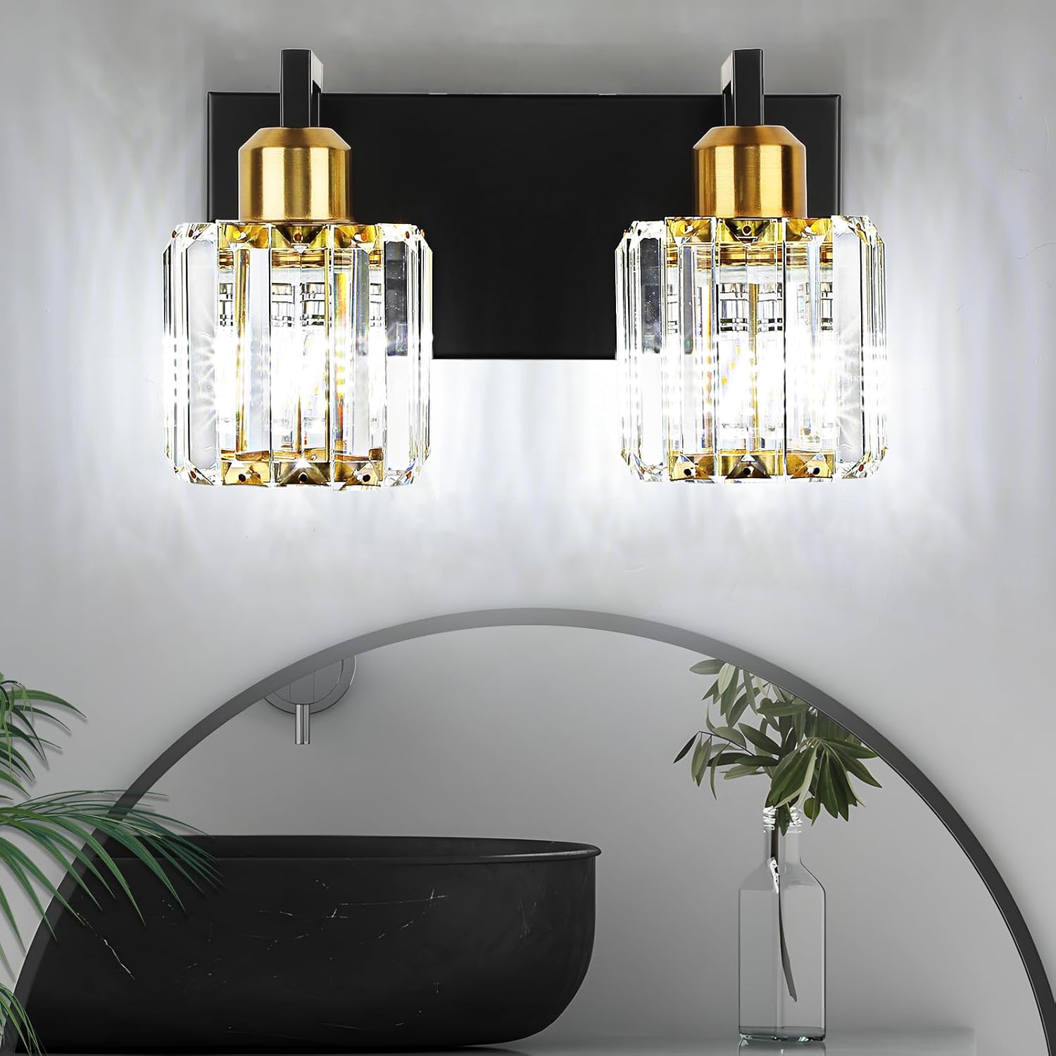 WILON Modern Crystal Bathroom Vanity Light 2Lights Black and Gold