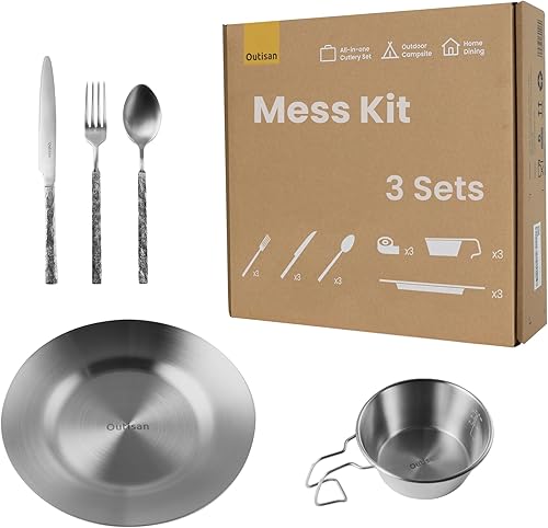 Kit de desorden para camping y pícnic, juego de utensilios de campamento de 15 piezas de alta calidad para 3 personas con tazas de Sierra, platos de