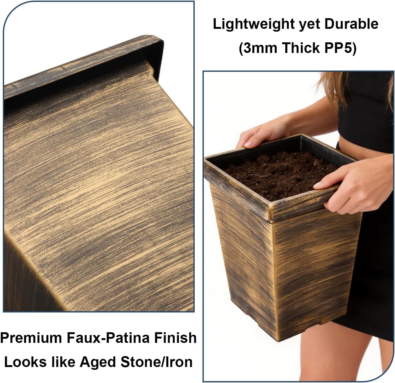 Tall Outdoor Square Planter - 4 Pack 10 Inch Vintage Gold Faux Metal Plant Pot with Drainage Holes & Raised Feet, 13" H Deep Root Plastic Flower Pots for Indoor Outdoor Plants, Trees, Roses