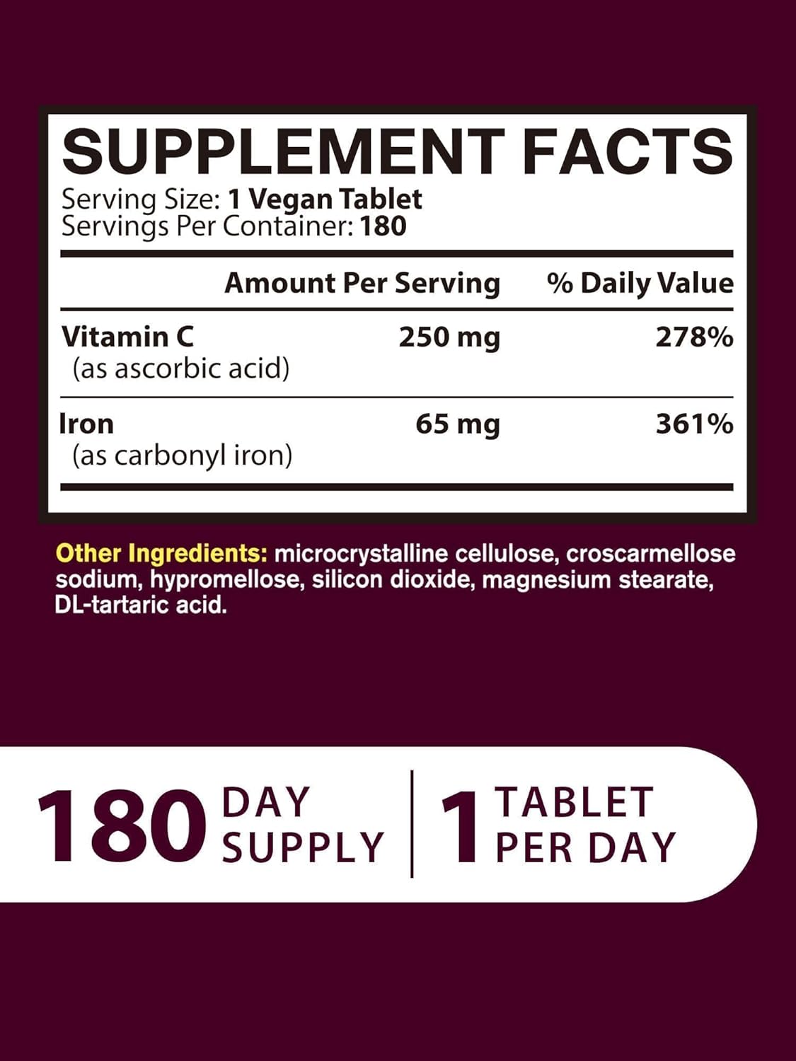 Iron Supplement for Women Men, High Potency Iron 65mg with Vitamin C 250mg, Stomach Friendly Iron Pills for Red Blood Cell & Immune Support, Vegan, Non-GMO & Gluten Free, 180 Tablets