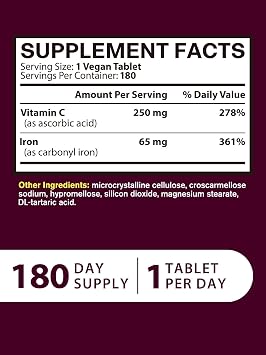 Iron Supplement for Women Men, High Potency Iron 65mg with Vitamin C 250mg