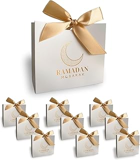 All Things Salam. Premium Ramadan Mubarak Gift Bags | White Bags with Gold Foil Design Print | Ribbons Included | Traditional Crescent Moon Design | Ramadan Mubarak Gift Favors (Set of 10)