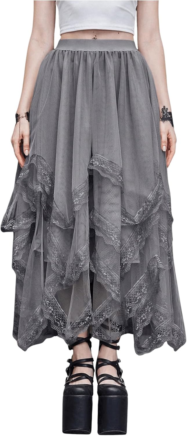 SHENHE Women's Lace Trim Layered Mesh Tulle Skirt High Waist Asymmetrical Long Goth Skirt - Image 5