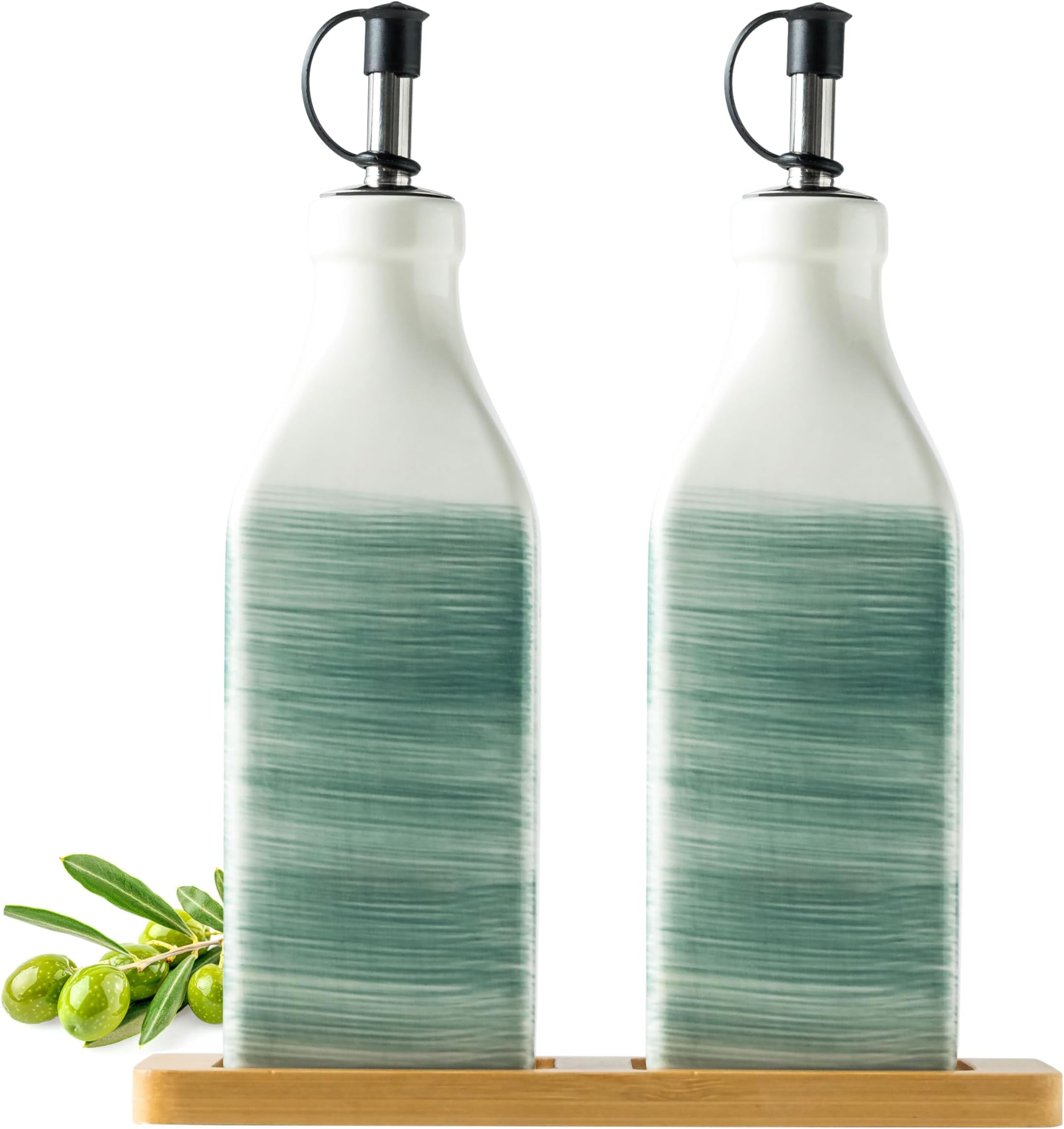 HAOTOP Farmhouse Ceramic Oil & Vinegar Dispenser Set – 13 Oz Bottles, Red Letter Design, For Kitchen & Dining - View #4