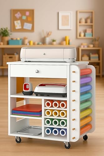 Miniatura 7 de Organizadores de manualidades y mesa de almacenamiento compatible con máquina Cricut, carrito de gabinete de manualidades Vdamu con soporte de rollo