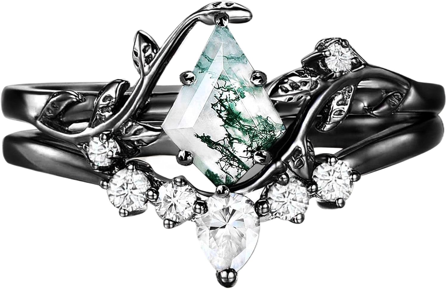 Kite/Pear Cut Vintage Nature Moss Agate Engagement Ring Sets for Women Art Deco Green Agate Bridal Ring S925 Silver Black Plated Inspired Promise Wedding Band