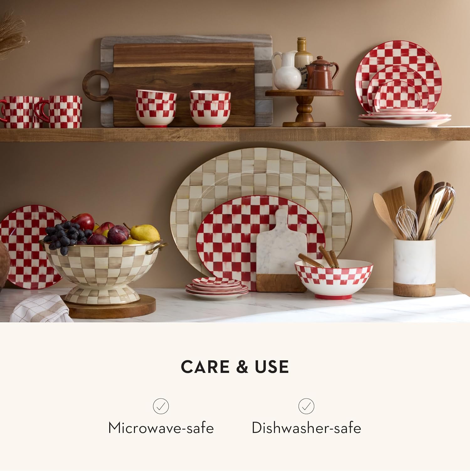 MACKENZIE-CHILDS Set of 4 Stoneware Dinner Plates, Dishwasher- and Microwave-Safe Plates, 10.5 Inches, Red-and-White Cherry Check