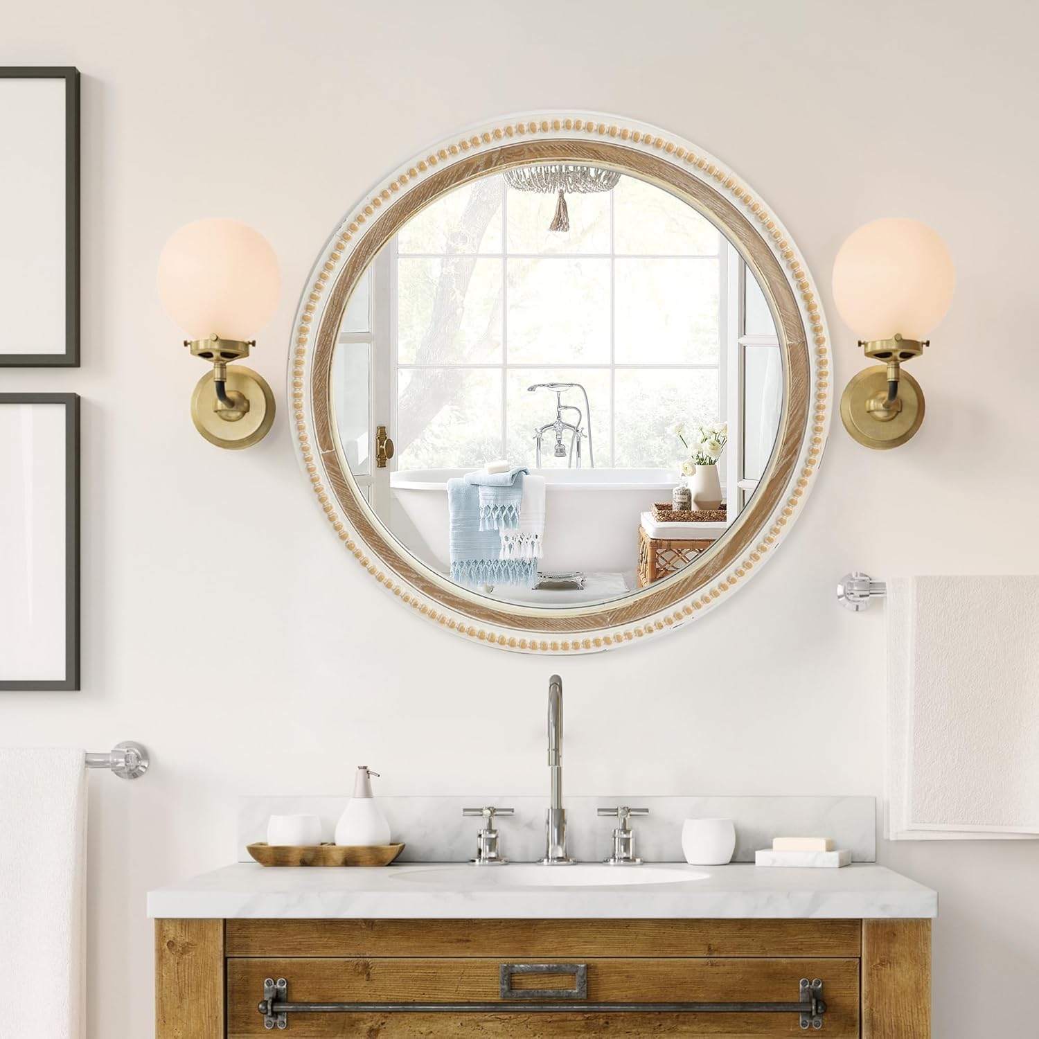 32" Farmhouse Rustic White Decorative Round Wall Mirror, Large Wood Framed Beaded Distressed Entryway Mirror for Living Room, Bathroom, Hallway