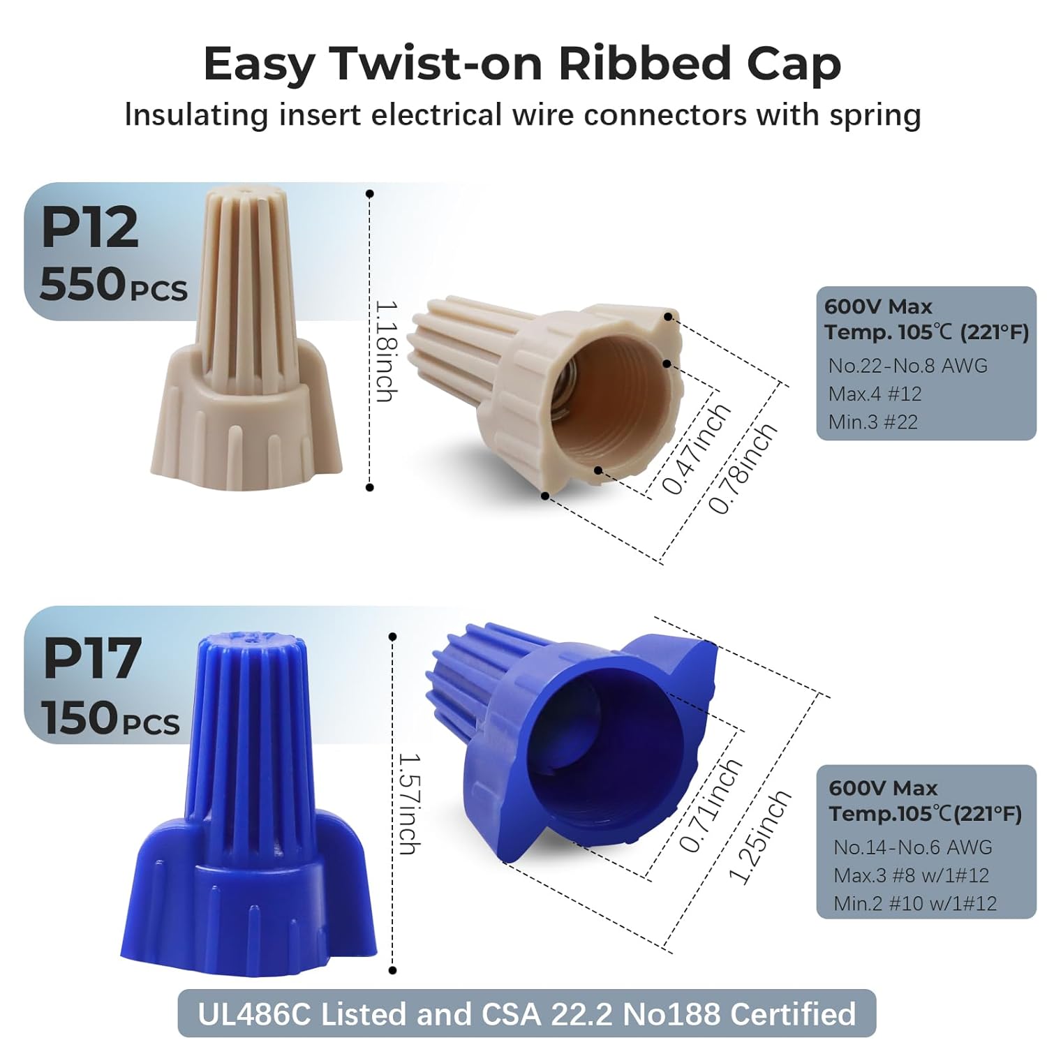 550Pcs Tan Wire Connectors Nuts, Winged Electrical Wire End Connectors Caps, Twist-On Easy Screw On Type Connectors, Nuts 22-8 AWG,HS P12 Type Screw Terminals for Connect Electrical Wiring