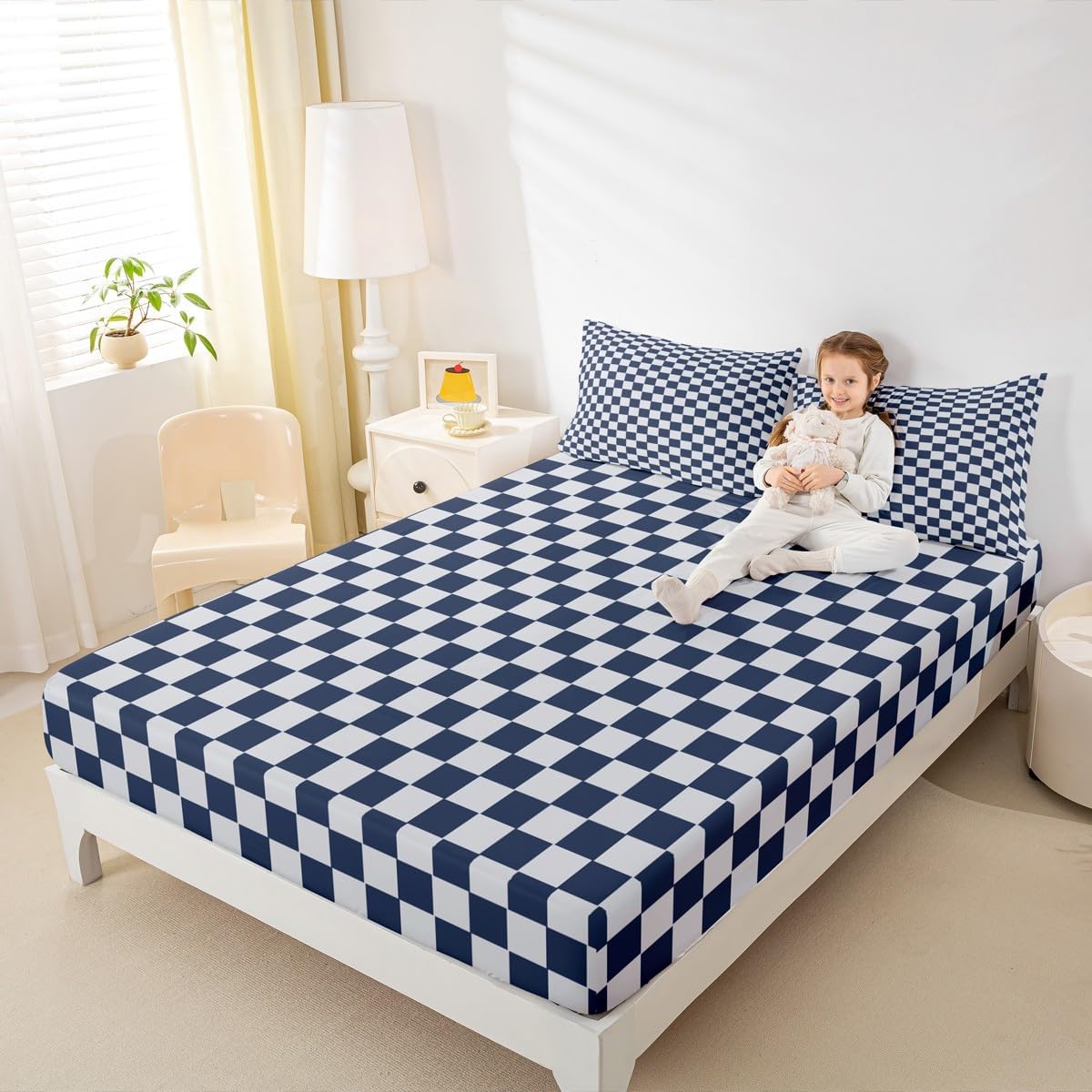 Gird Printed Fitted Sheets Full Size,Navy Blue Plaid Bedding Set 3Pcs for Kids Boys Teens Men Room Decor,Modern Geometric Check Deep Pocket Sheet Lightweight Soft Bed Cover,2 Pillowcases