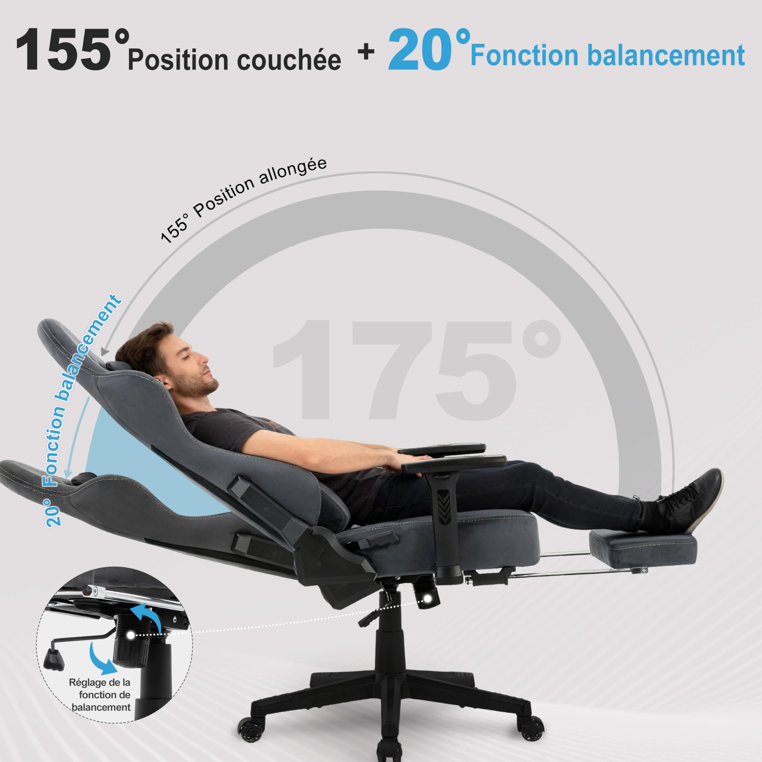 Symino Chaise Gamer XL, Siège Large Mousse+Latex, Support Lombaire & Tête, Inclinaison 175°, 300kg, Roues Silencieuses Incluses (Faux Daim, Gris)