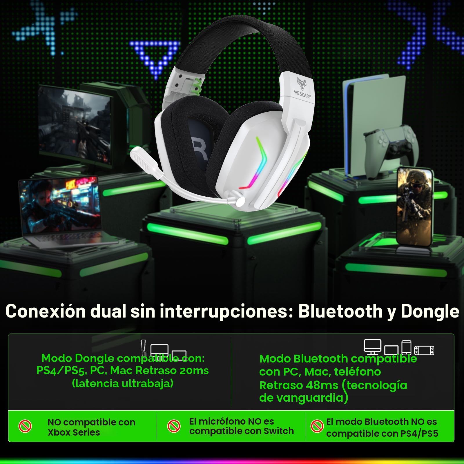 WESEARY WG1 Cascos Gaming Inalambricos, Auriculares Gaming Inalambricos para PS5, PS4, PC, Switch, Sonido Estéreo Auriculares Gaming con Microfono, Cascos con Luz LED, Duración 50Hr+
