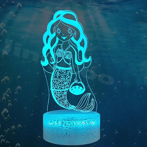 Jinlycoo Lámpara de sirena óptica 3D de dibujos animados La Sirenita Luz nocturna para decoración de habitación de niñas y niños, lámpara de mesa