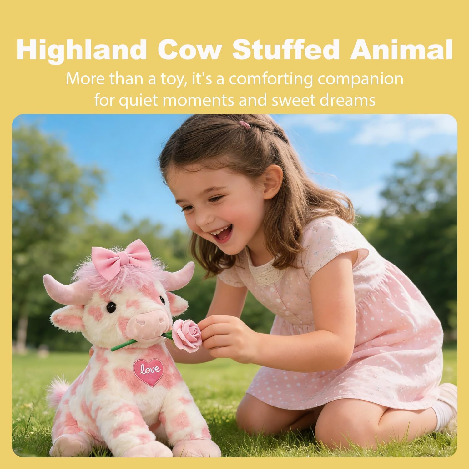 Pink Highland Cow Valentines, 2026 Upgrade Pink Highland Cow Stuffed Animal, 15 Inch Highland Cow Stuffed Animal, Girls Valentines Gifts (Rose Yak Style)