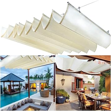 Outdoor Sun Shade Sail, Retractable Wave Canopy Pergola Cover, UV and Sun Protection Roof Wave Awning with Sliding Track, Deck Patio Courtyard Garden Balcony Shelter, Customizable Color W