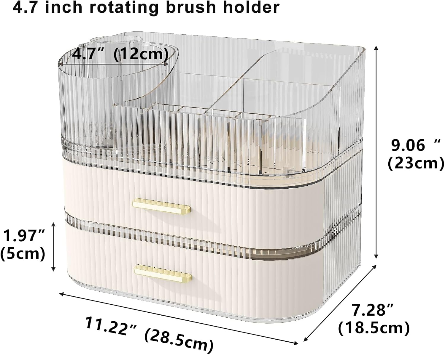 Makeup Organizer with Stackable Drawer, 360 Rotating Makeup Brush Holder, 11-inch Wide Large Cosmetic Display Case, Skincare Organizers and Storage for Vanity, Bathroom Countertop (1 Tray + 2 Drawer) - Image 2