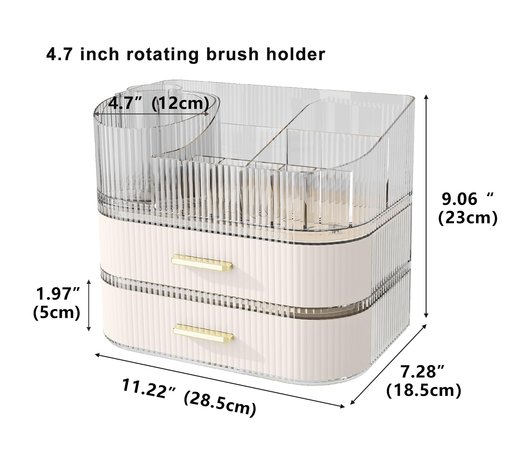 Makeup Organizer with Stackable Drawer, 360 Rotating Makeup Brush Holder, 11-inch Large Cosmetic Display Case, Skincare Organizers and Storage for Vanity, Bathroom Countertop (1 Tray + 2 Drawer)