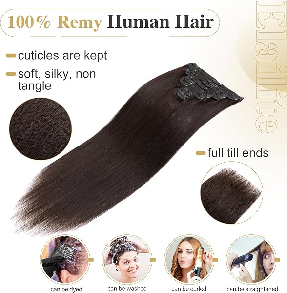 Elailite Natural Hair Extensions Clip #2 Dark Chestnut, 8 Pieces Human Hair Extensions 35 cm (120 g) - 5