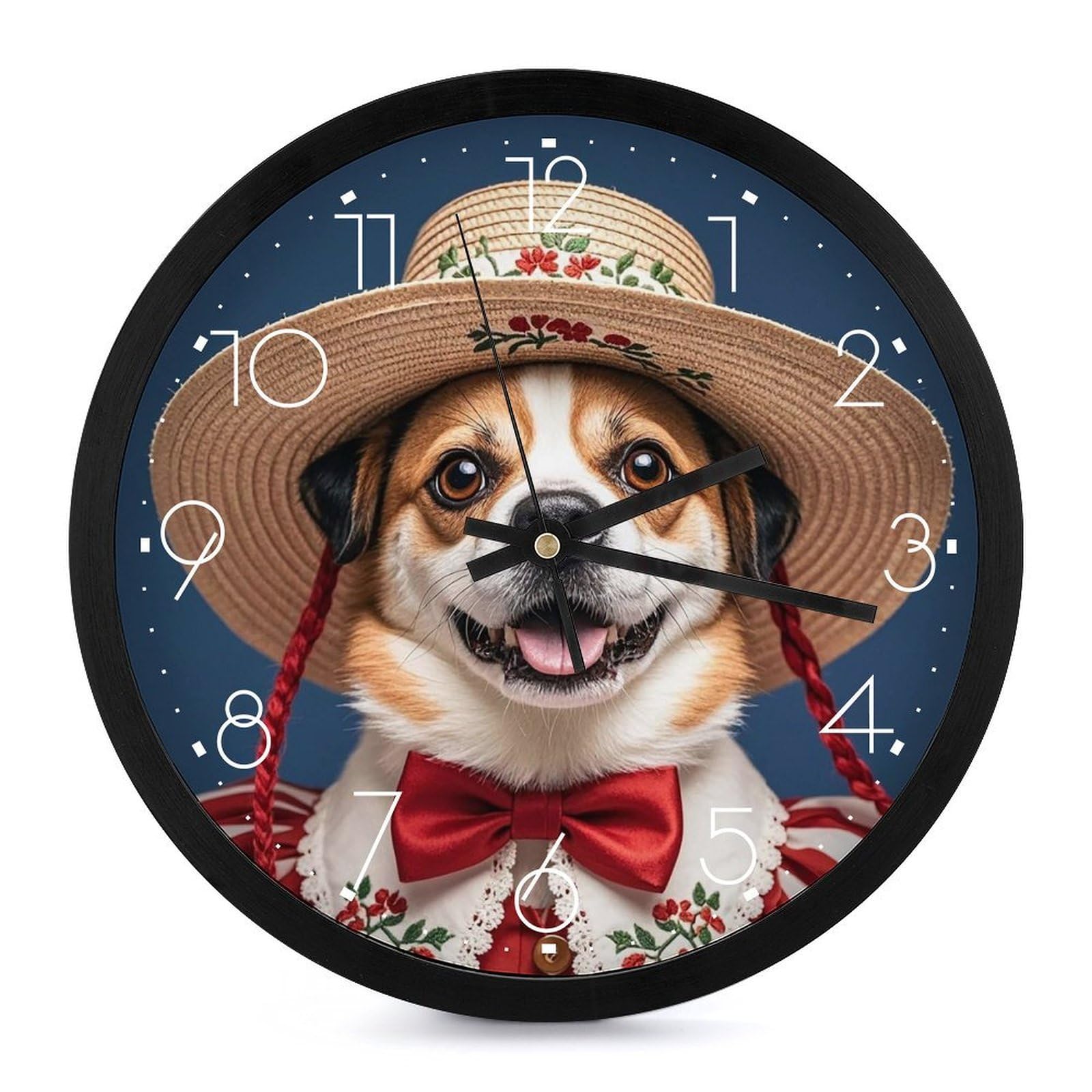 Horloge murale moderne chien chapeau ronde de 25 cm silencieuse à piles pour salon